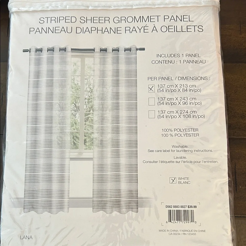 Distinctly Home Lana White Striped Sheer NWT Grey Grommet Panel Curtain 54Wx84L